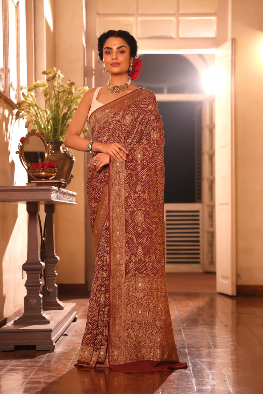 Deep Mauve Exclusive Handloom Pure Banarsi Georgette Bandhani Saree