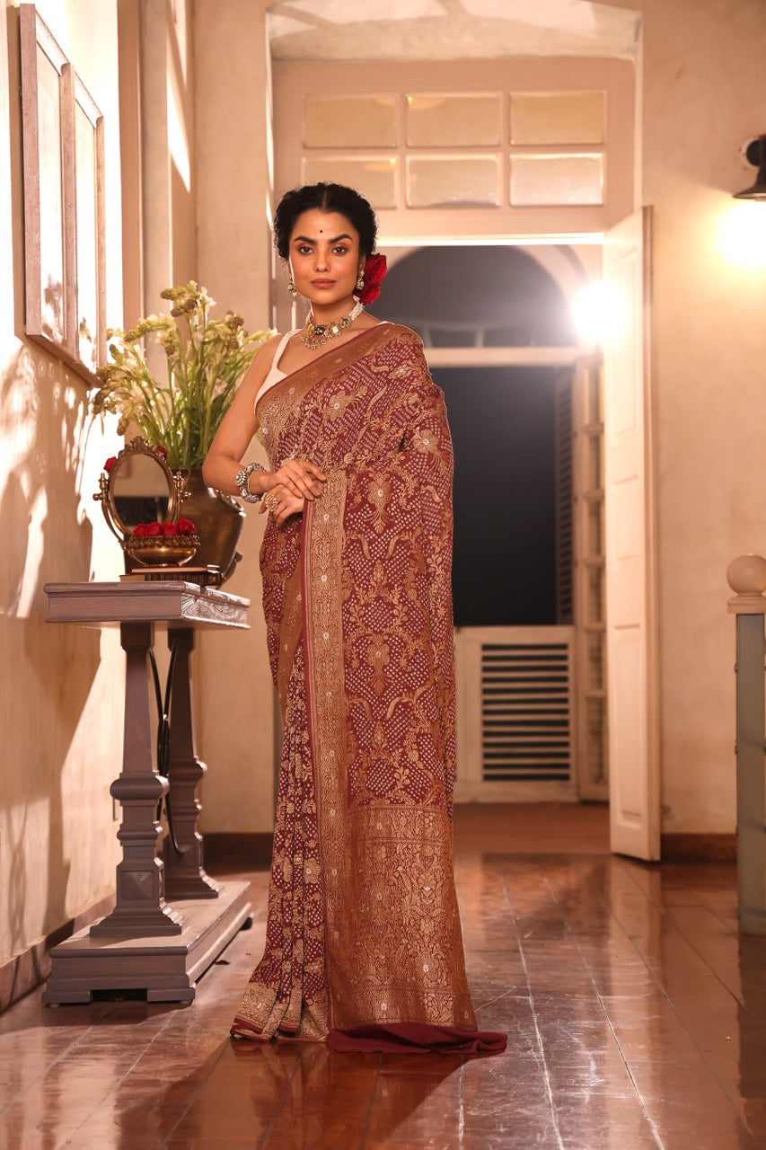 Deep Mauve Exclusive Handloom Pure Banarsi Georgette Bandhani Saree