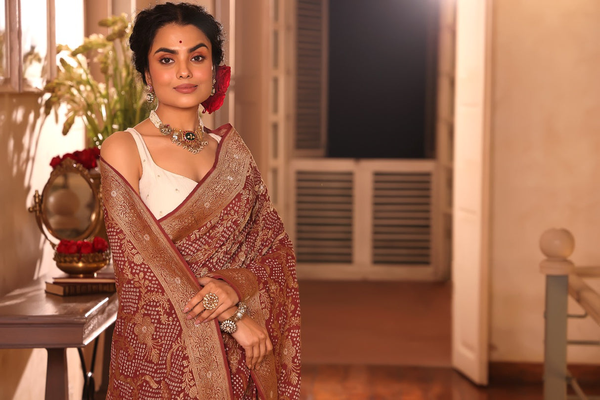 Deep Mauve Exclusive Handloom Pure Banarsi Georgette Bandhani Saree