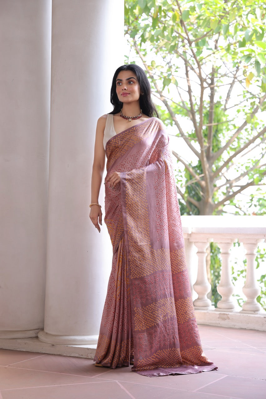 Mauve Pure Gajji Silk Bandhani Saree