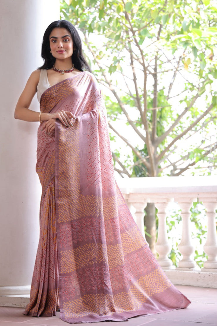 Mauve Pure Gajji Silk Bandhani Saree