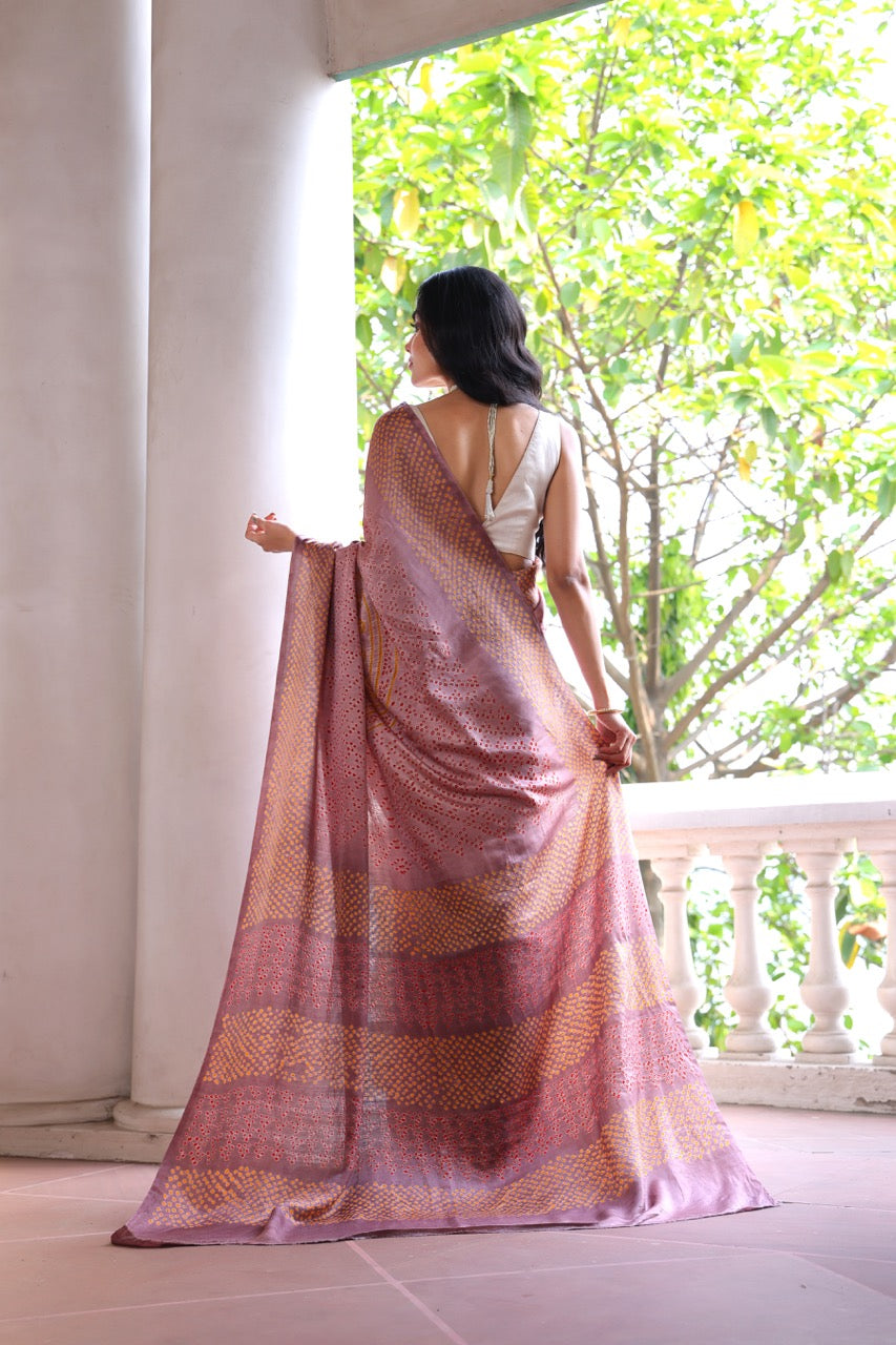 Mauve Pure Gajji Silk Bandhani Saree