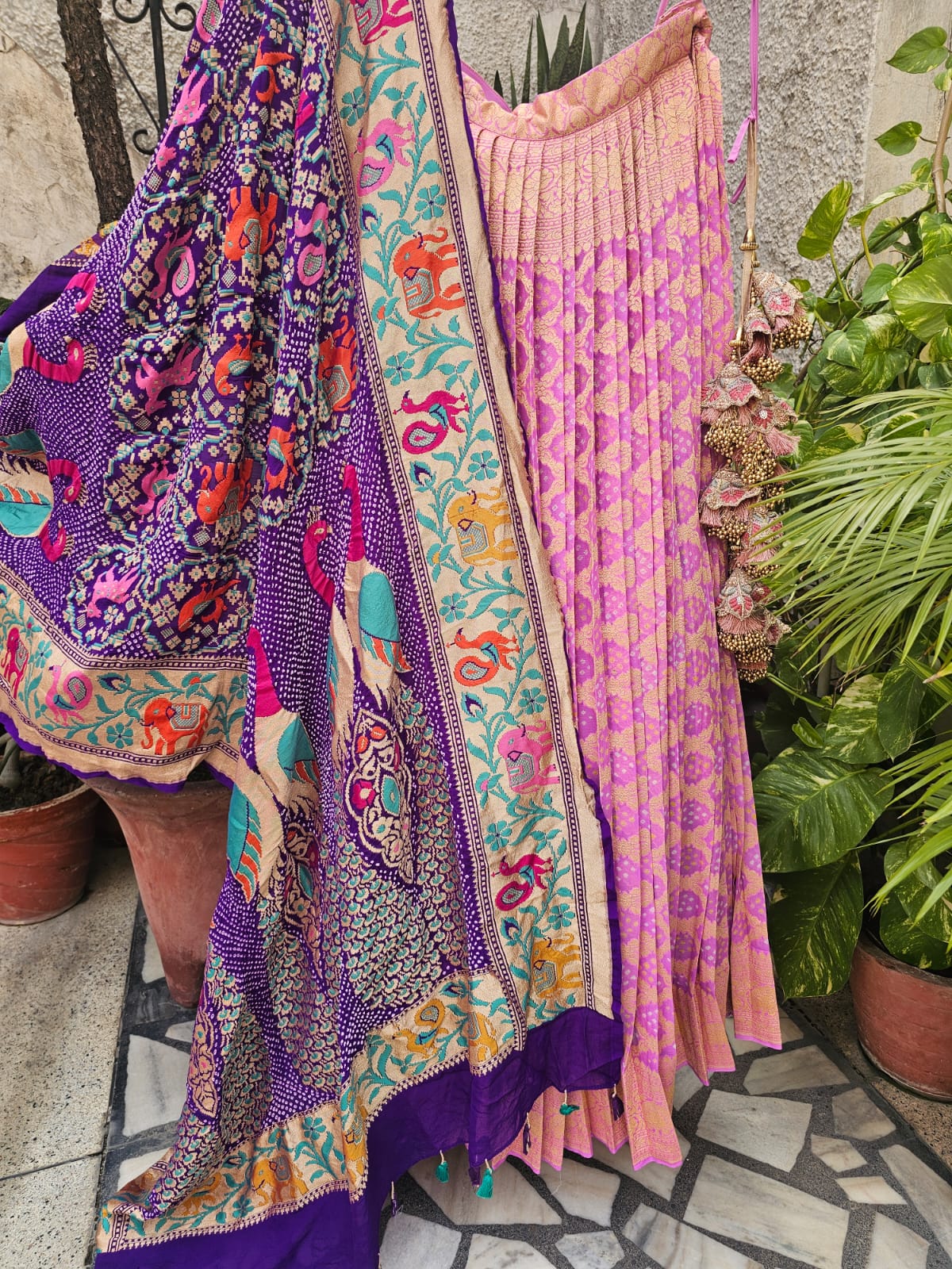 Gorgeous Mauvish Pink Banarasi Georgette Bandhani Lehenga with Dupatta