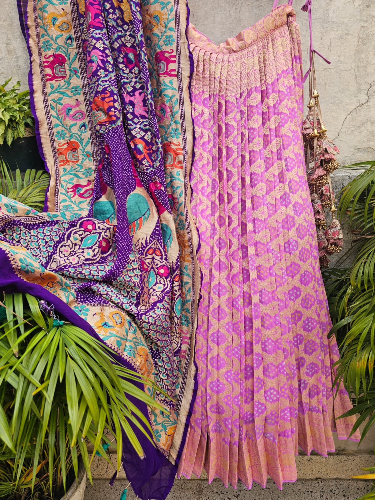 Gorgeous Mauvish Pink Banarasi Georgette Bandhani Lehenga with Dupatta