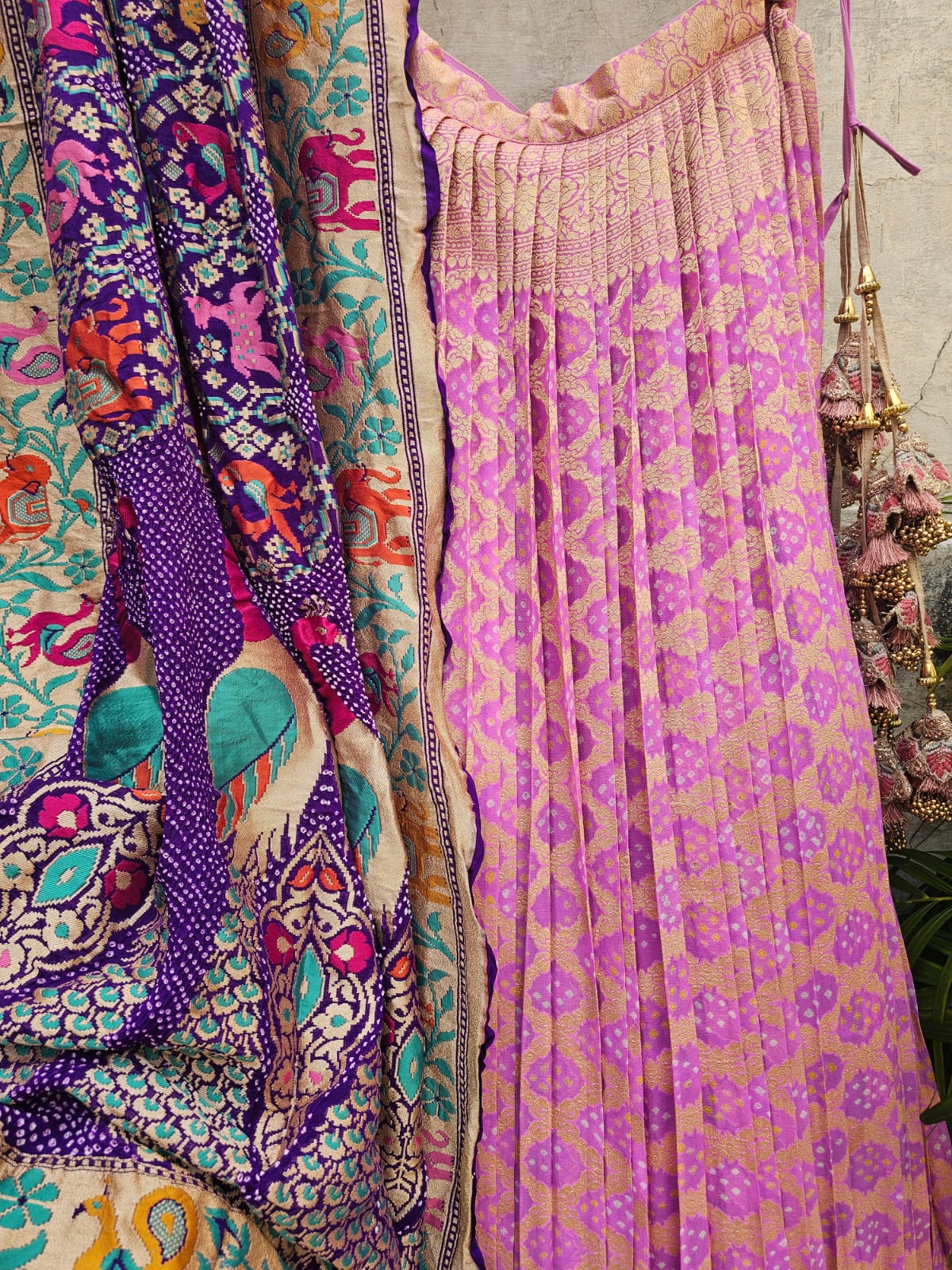 Gorgeous Mauvish Pink Banarasi Georgette Bandhani Lehenga with Dupatta