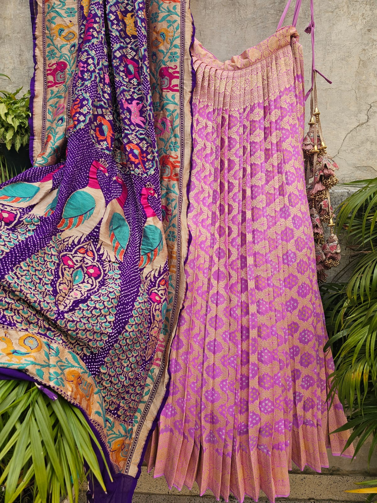 Gorgeous Mauvish Pink Banarasi Georgette Bandhani Lehenga with Dupatta