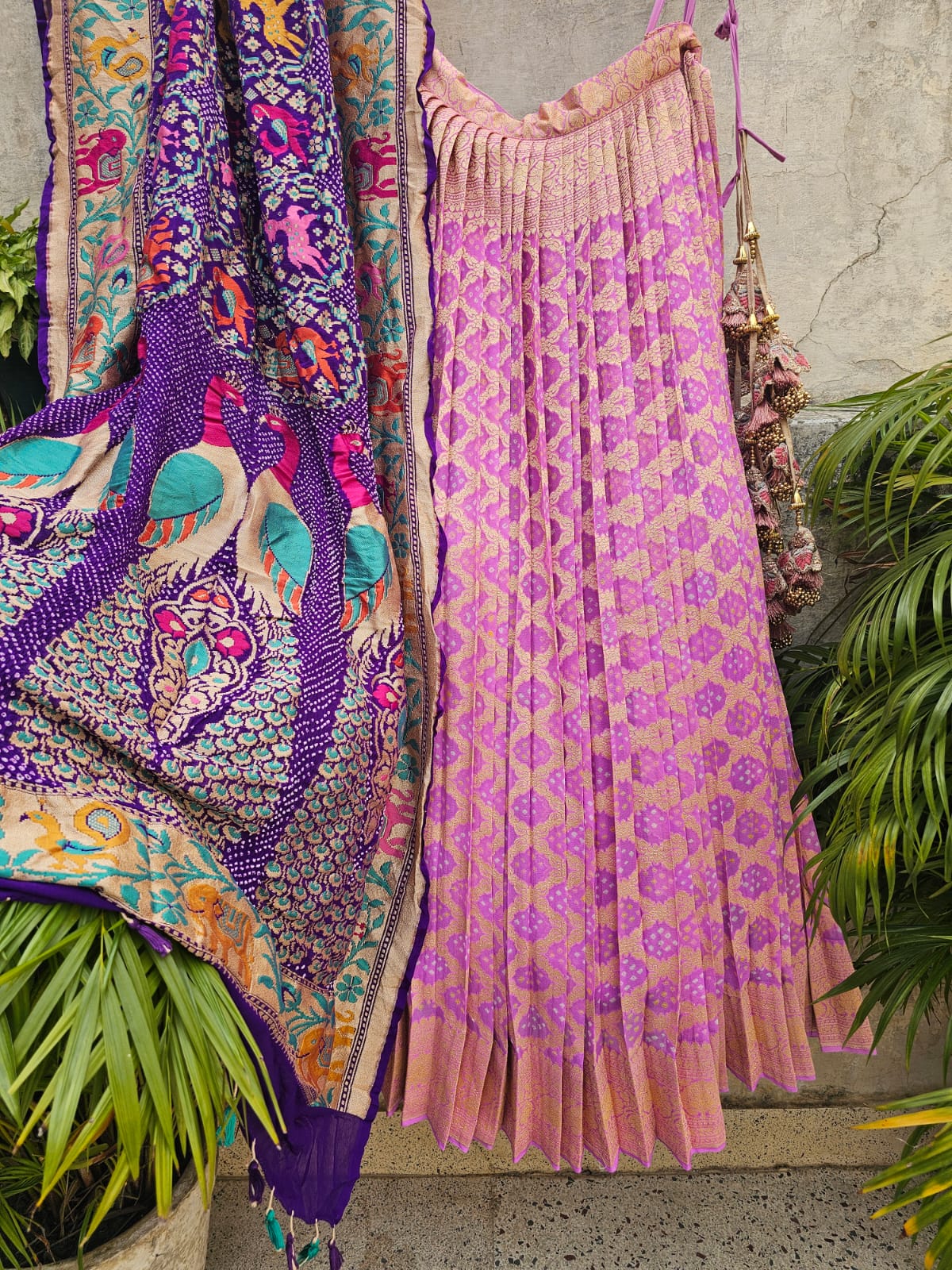 Gorgeous Mauvish Pink Banarasi Georgette Bandhani Lehenga with Dupatta