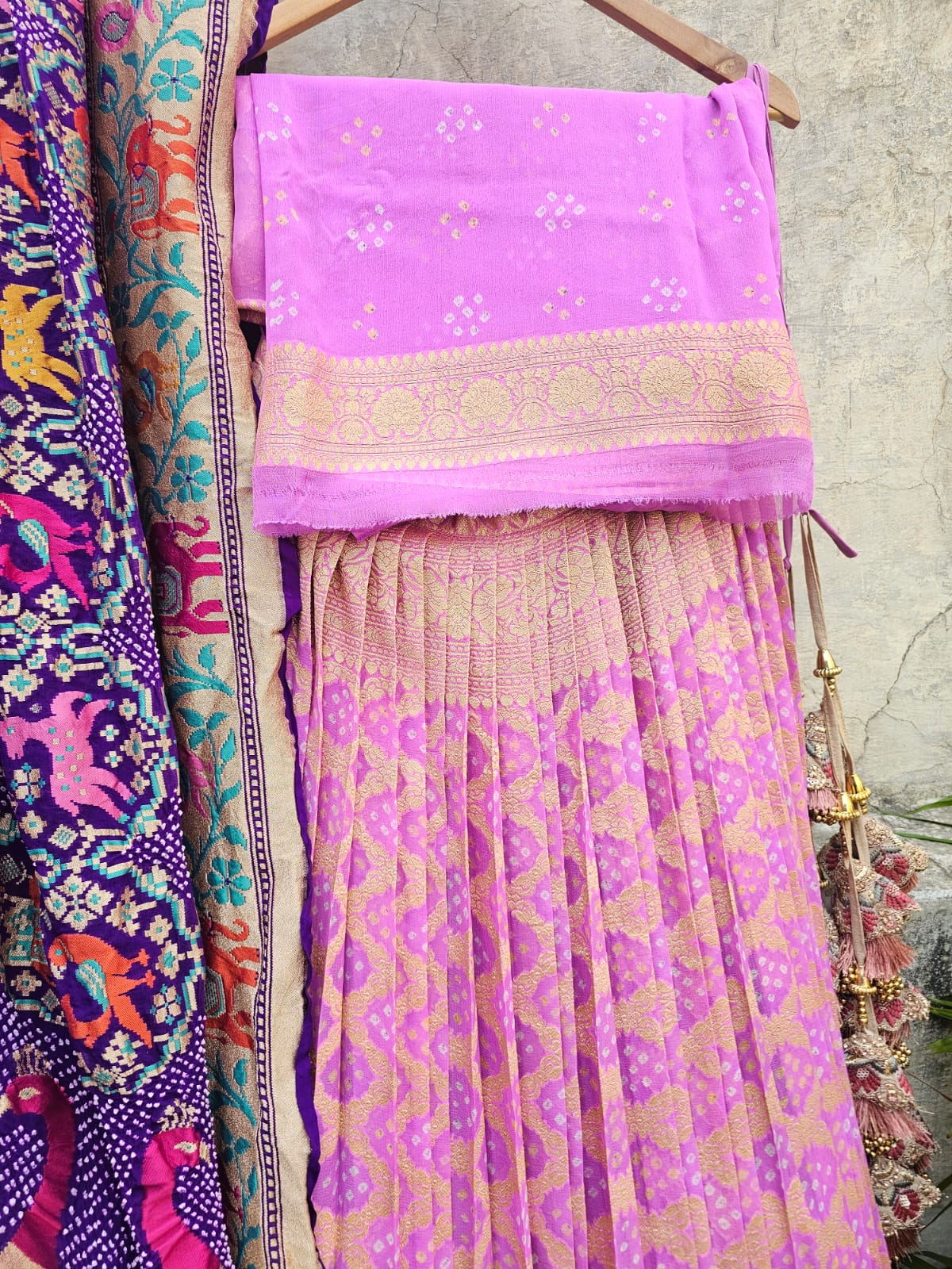 Gorgeous Mauvish Pink Banarasi Georgette Bandhani Lehenga with Dupatta