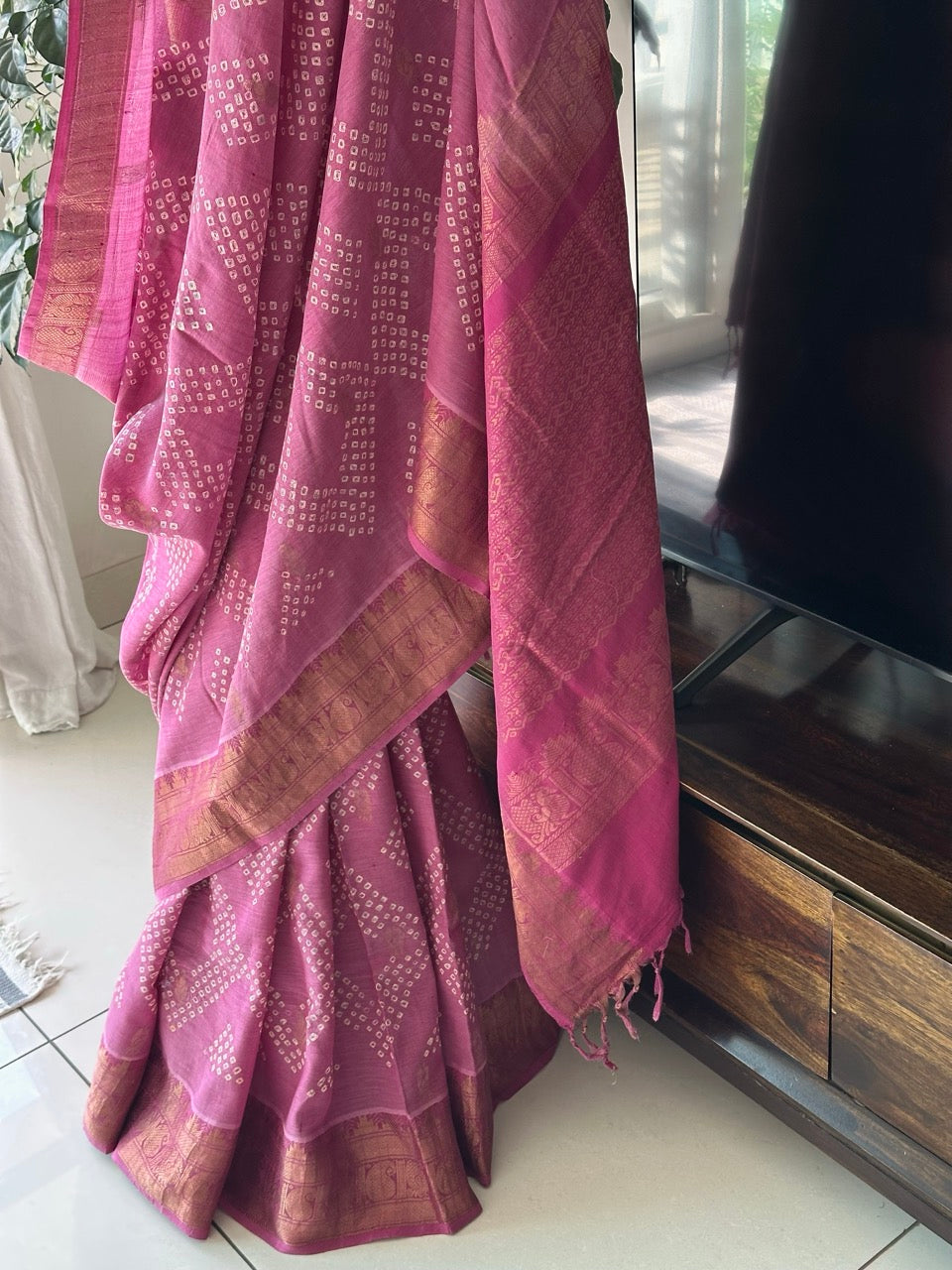 Diamond Pattern Cotton Silk Bandhani Saree