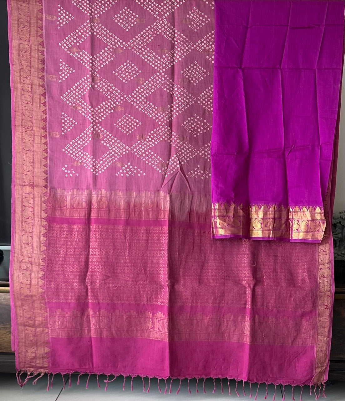 Diamond Pattern Cotton Silk Bandhani Saree