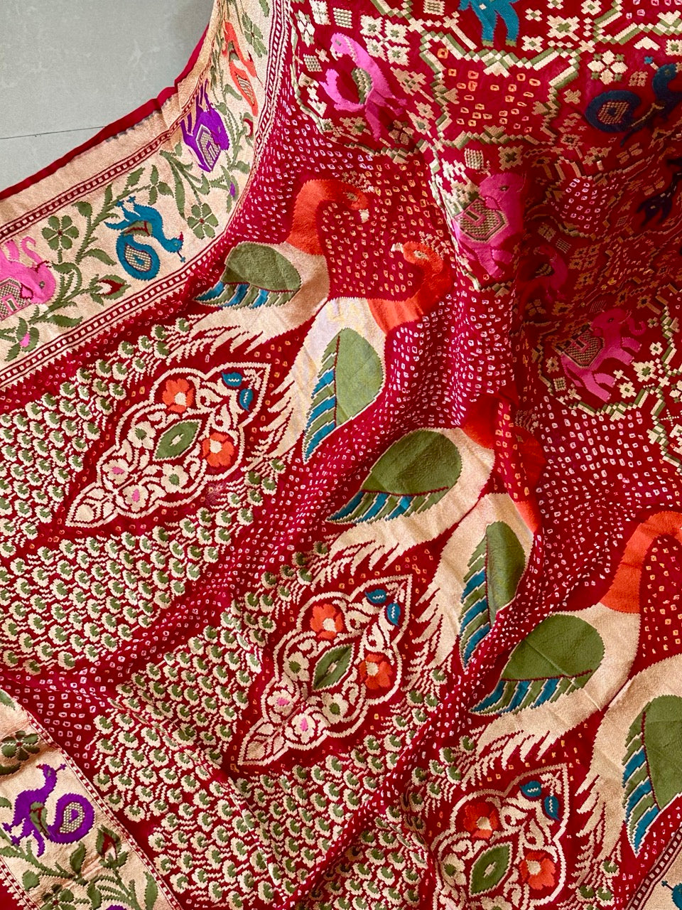 Mayur Leher - Pure Banarsi Georgette Meenakari Bandhani Dupatta