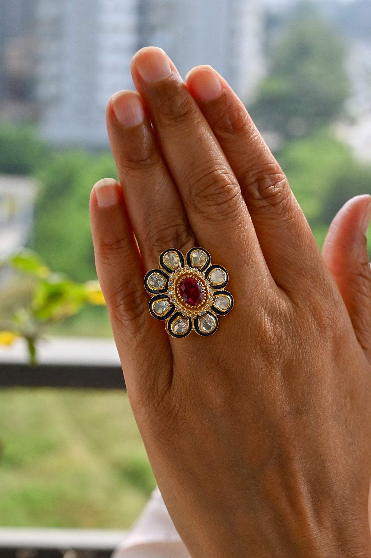 Floral Handcrafted Adjustable 92.5 Silver Ring with Moissanite polki and Blue Meenakari