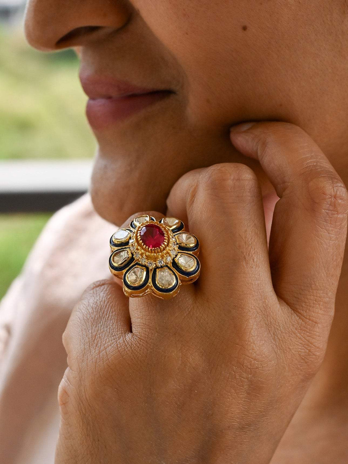 Floral Handcrafted Adjustable 92.5 Silver Ring with Moissanite polki and Blue Meenakari