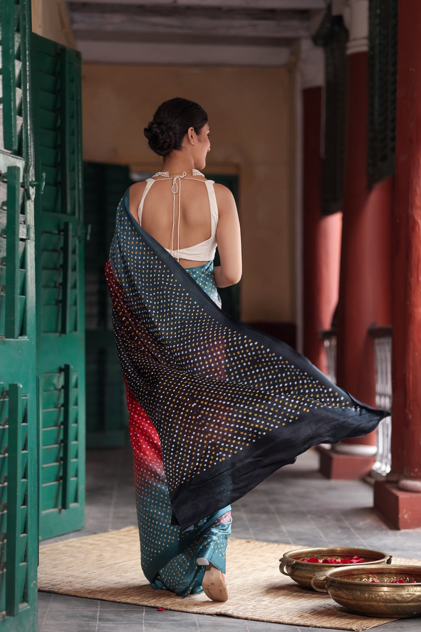 Woman in a saree standing in a traditional setting with green and red walls.