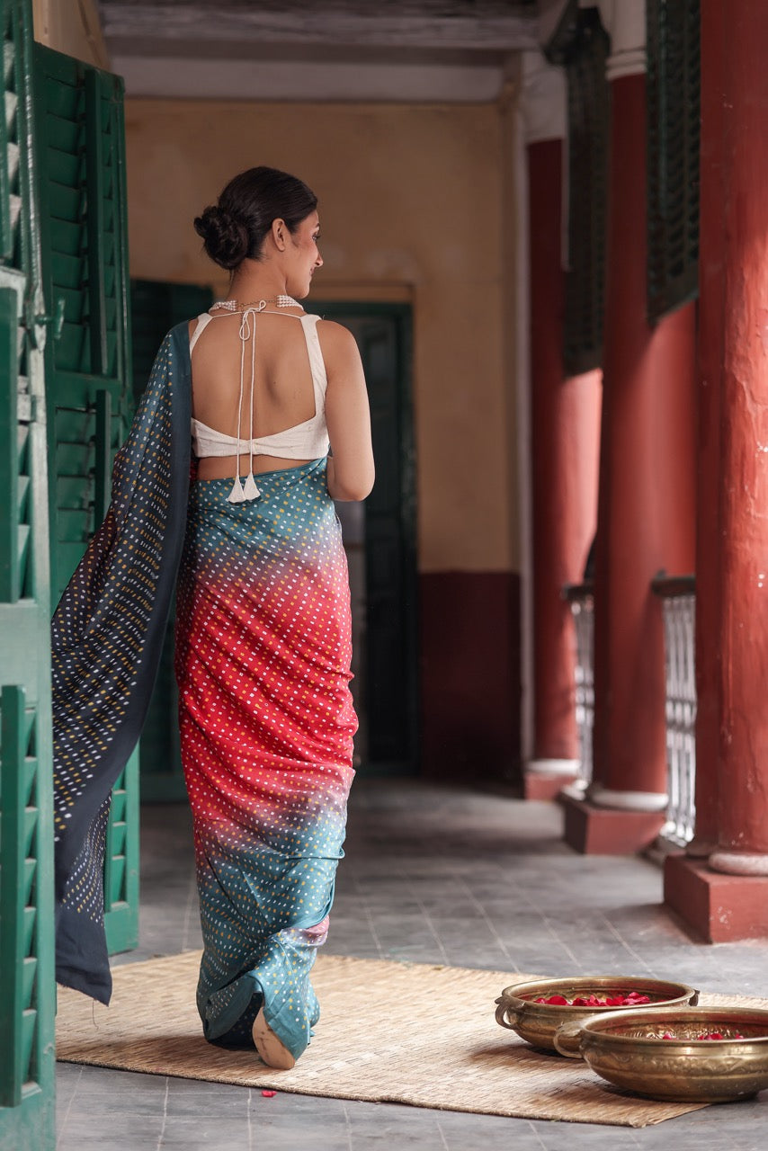 Woman in a colorful saree standing in a traditional setting with red and green walls.