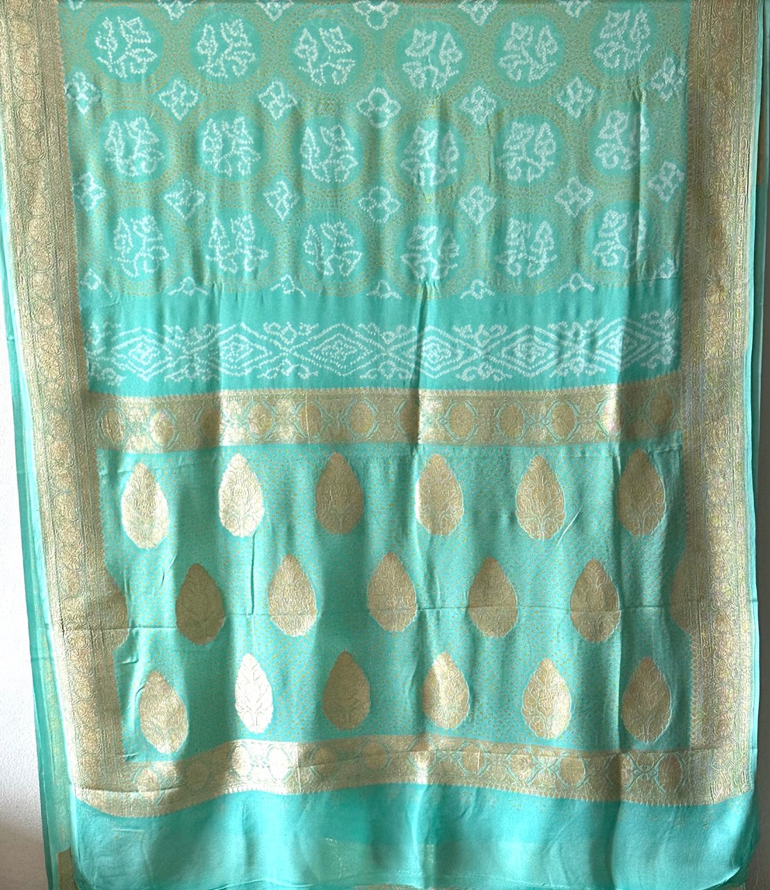 Mehfil Mist - Sophisticated Sea Green Pure Banarasi Chiffon Georgette Bandhani Saree