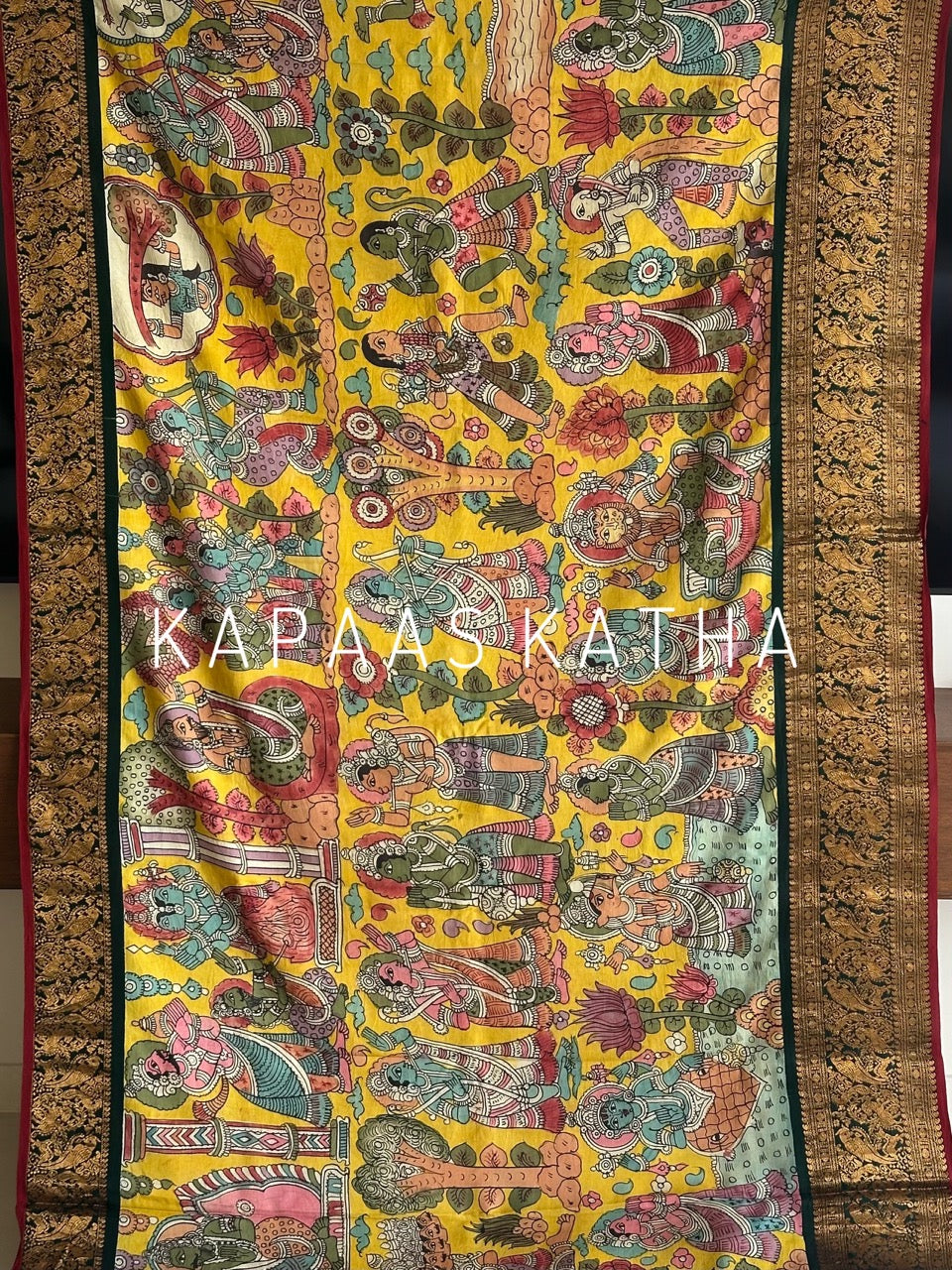 Mor-Hari Hues Divine Theme Kanjivaram Silk Kalamkari Saree