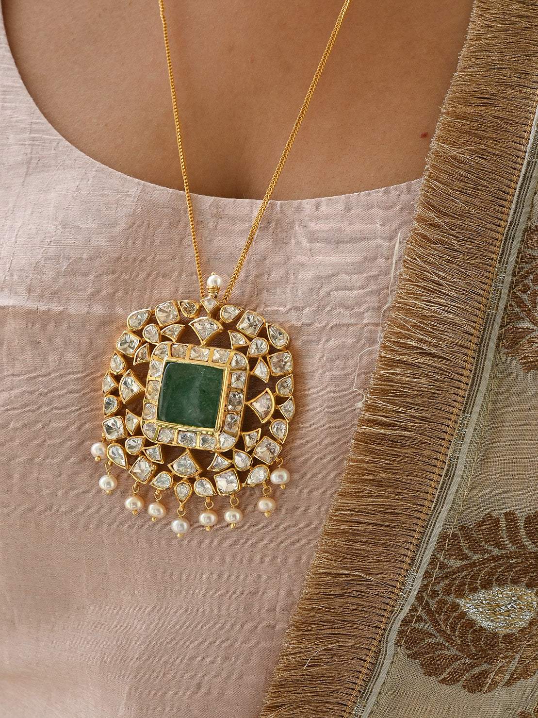 Heritage Glow Pendant - Handcrafted 92.5 Silver Pendant with Moissanite Polki