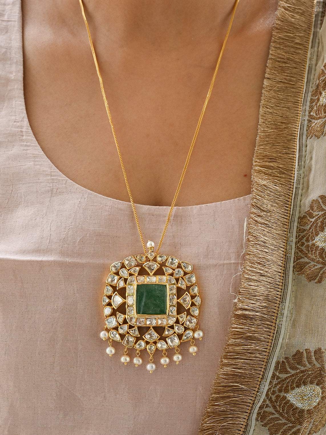 Heritage Glow Pendant - Handcrafted 92.5 Silver Pendant with Moissanite Polki