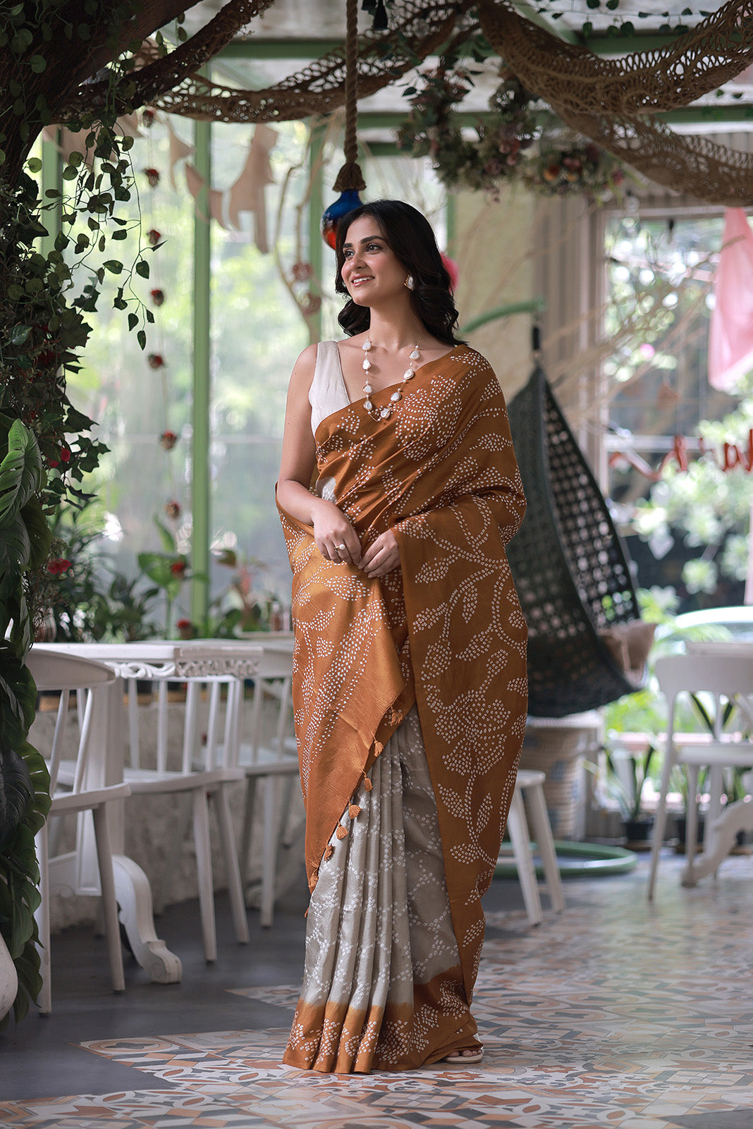 Mulberry Silk Bandhani Saree in Shades of Grey and Brown