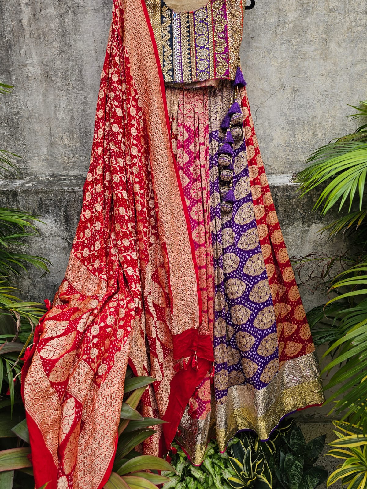 Multicoloured Banarasi Georgette Bandhani Lehenga with Dupatta