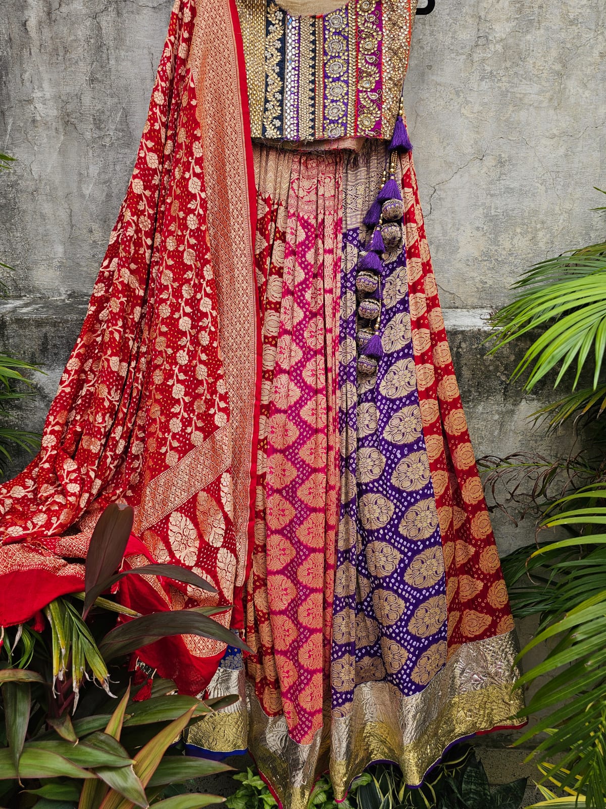 Multicoloured Banarasi Georgette Bandhani Lehenga with Dupatta