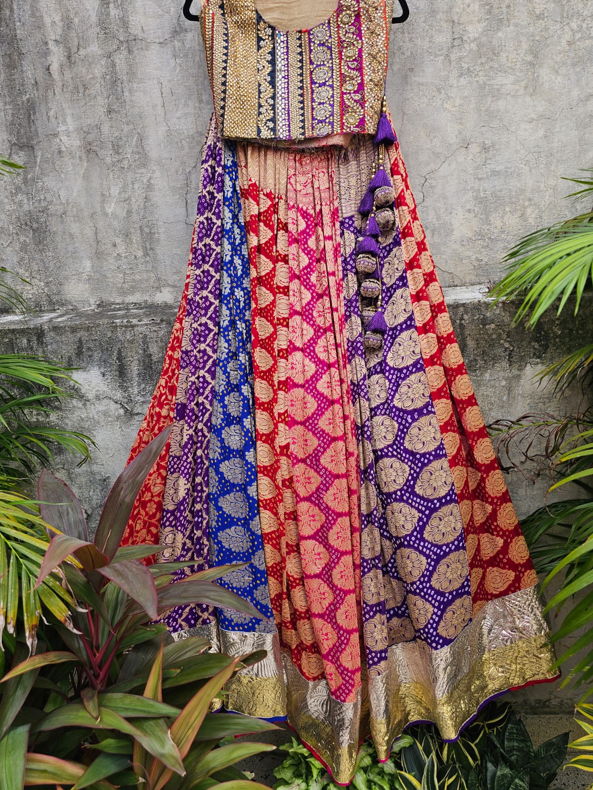 Multicoloured Banarasi Georgette Bandhani Lehenga with Dupatta