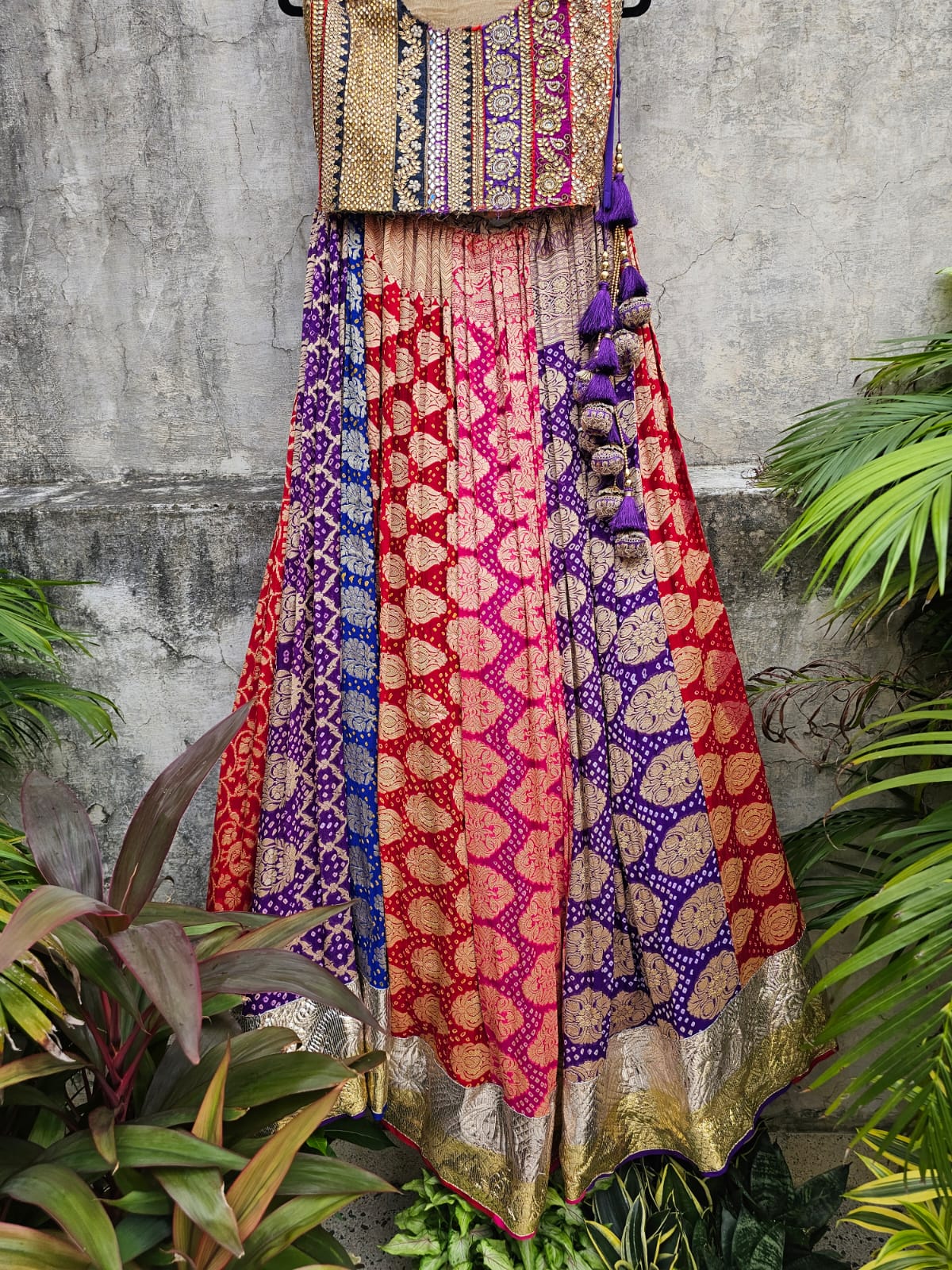 Multicoloured Banarasi Georgette Bandhani Lehenga with Dupatta
