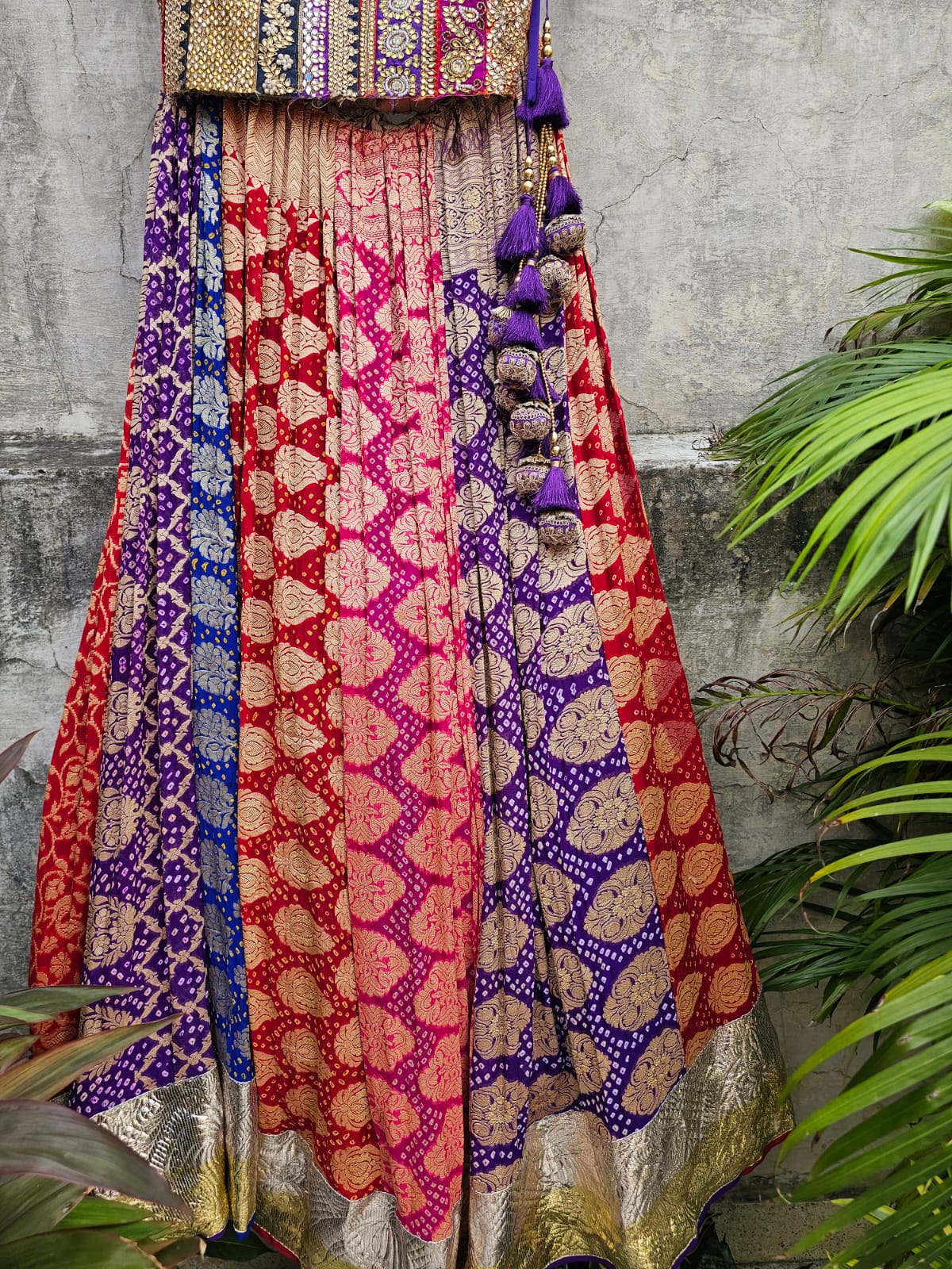 Multicoloured Banarasi Georgette Bandhani Lehenga with Dupatta