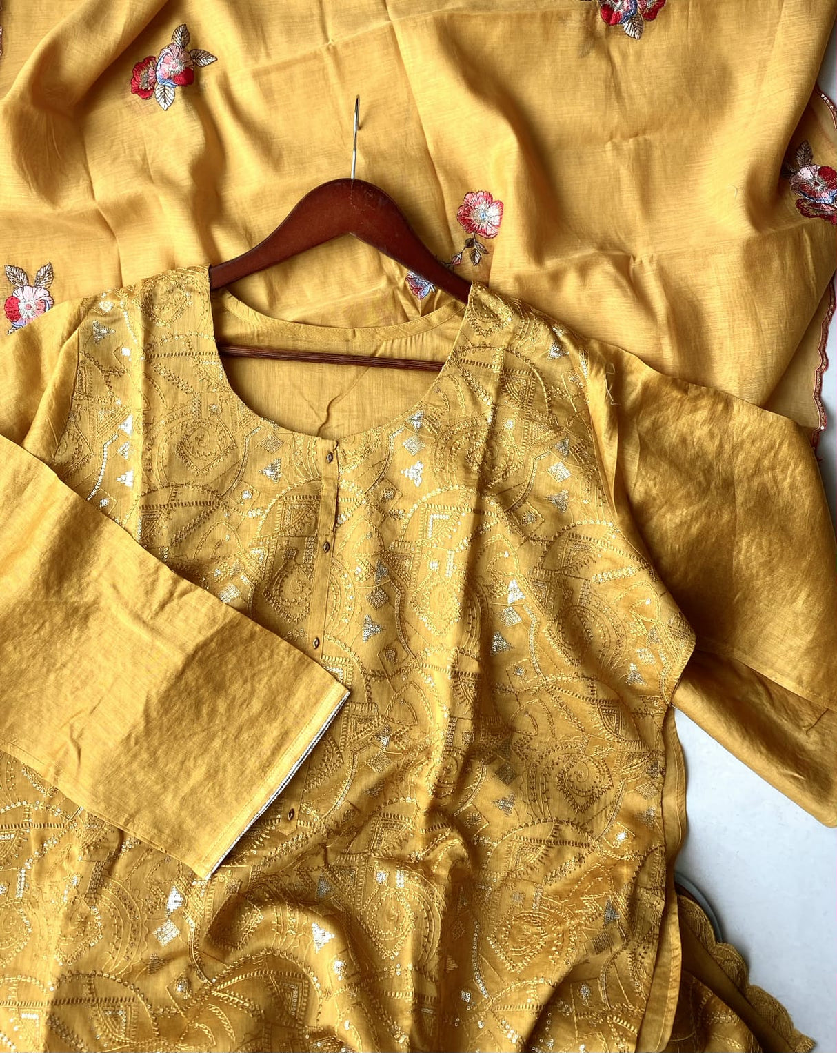mustard-mul-chanderi-embroidered-semi-stitched-kurta-set