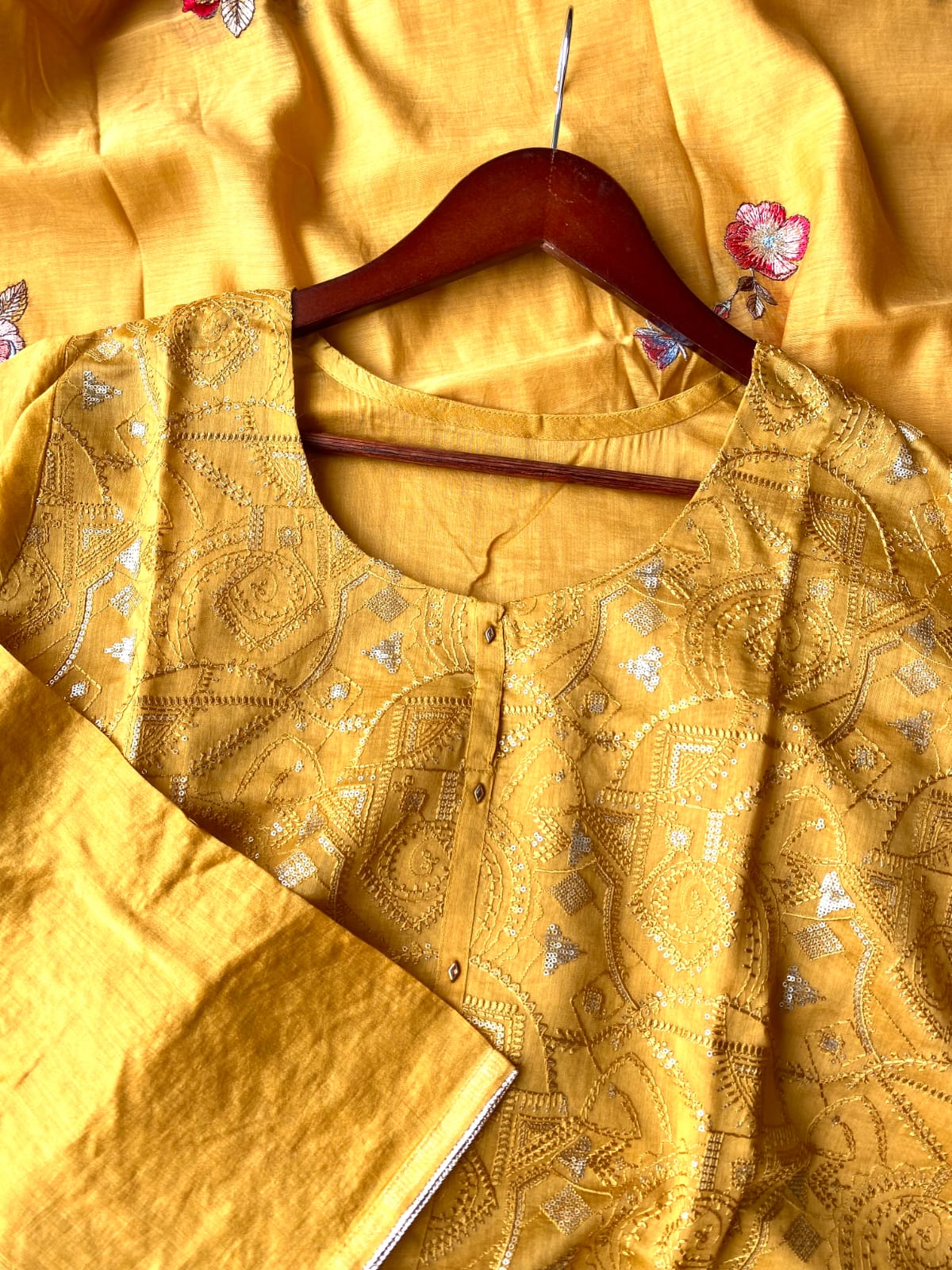 mustard-mul-chanderi-embroidered-semi-stitched-kurta-set