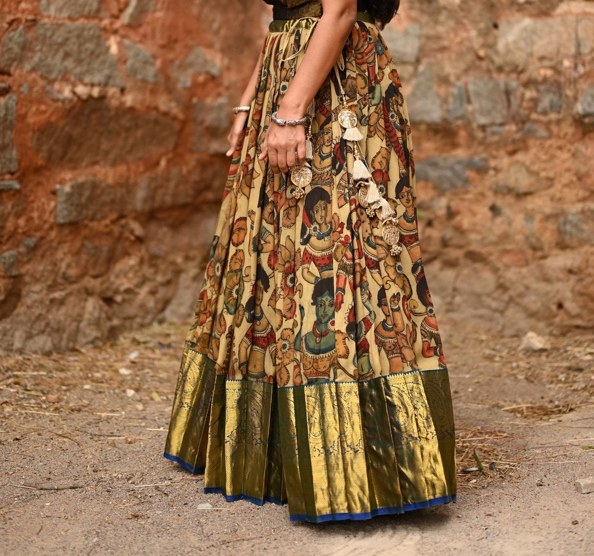 Mysore Crepe Kalamkari Lehenga with Kanjivaram Border