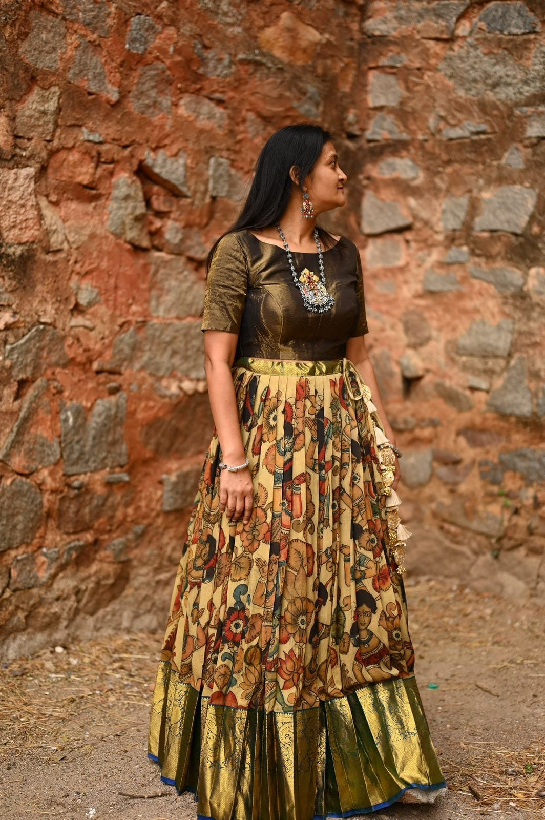 Mysore Crepe Kalamkari Lehenga with Kanjivaram Border