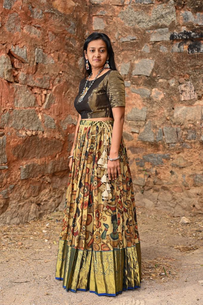 Mysore Crepe Kalamkari Lehenga with Kanjivaram Border