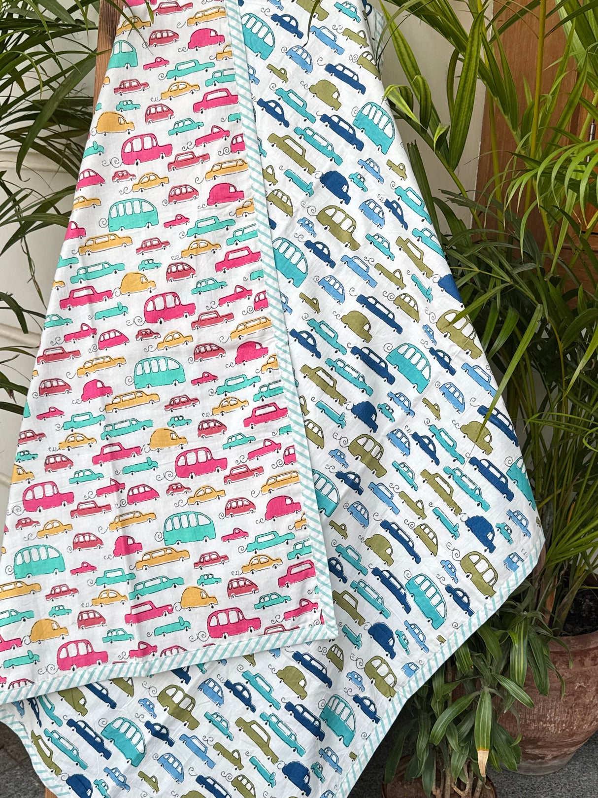 lightweight summer baby blanket with cute car prints mulmul fabric flannel lining reversible dohar handmade by jaipur artisans best for hot climates gifting and small business resale