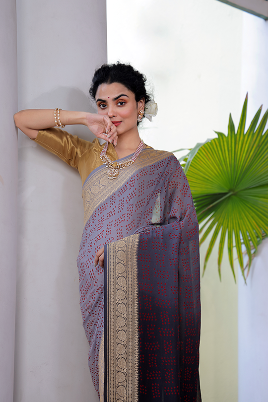 Multicolored Pure Banarsi Georgette Bandhani Saree In Off White and Black