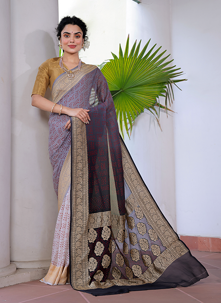 Multicolored Pure Banarsi Georgette Bandhani Saree In Off White and Black