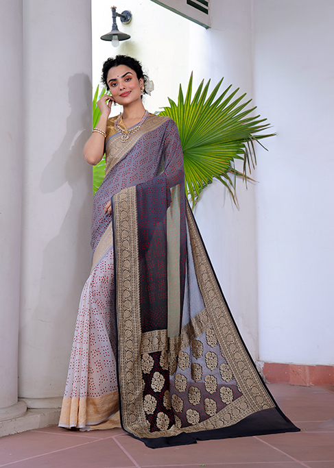 Multicolored Pure Banarsi Georgette Bandhani Saree In Off White and Black