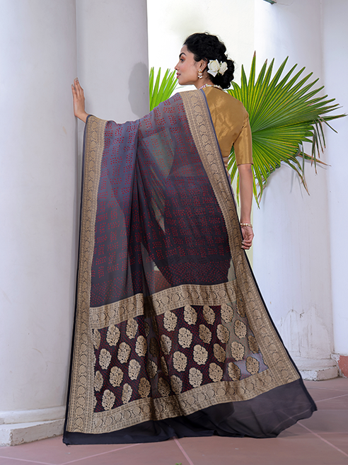 Multicolored Pure Banarsi Georgette Bandhani Saree In Off White and Black