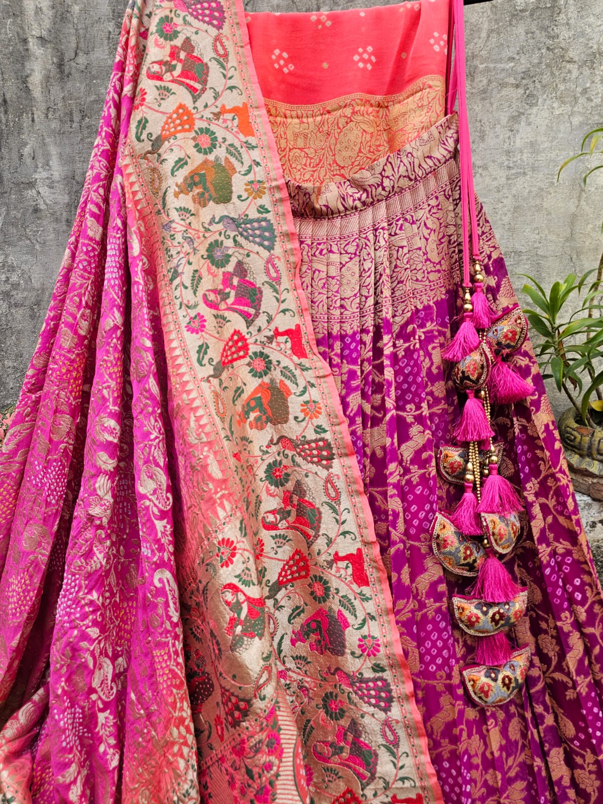 ombre-shaded-banarsi-georgette-bandhani-lehenga