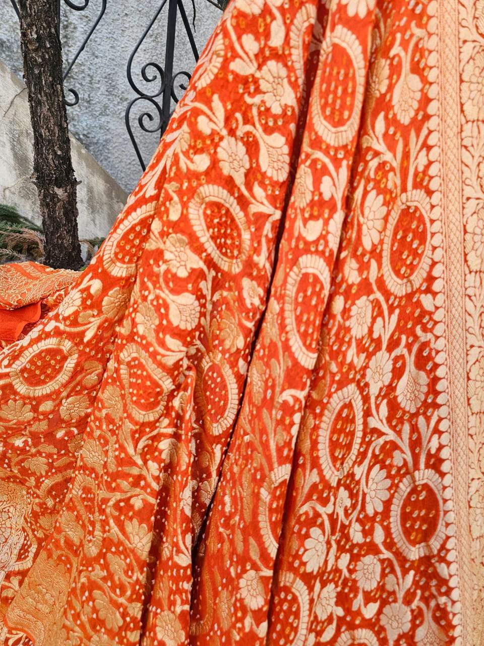 Orange Pure Banarsi Georgette Bandhani Lehenga