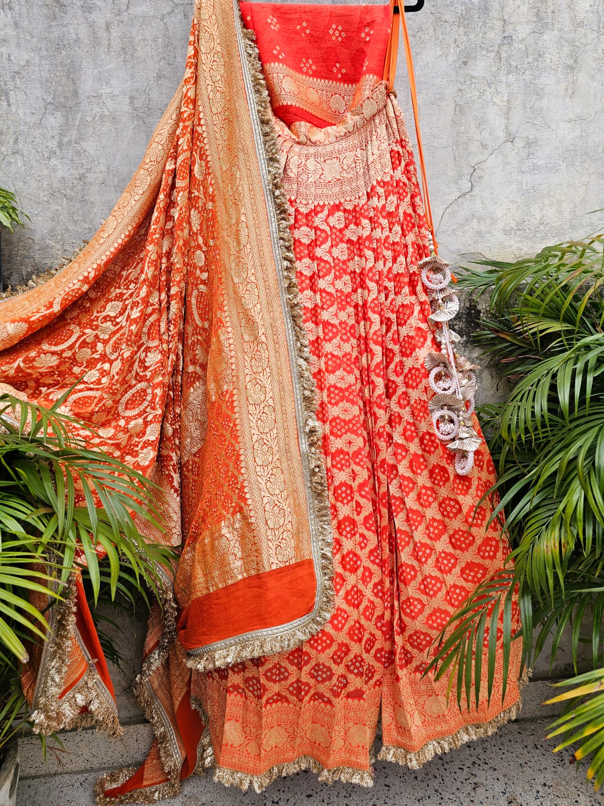 Orange Pure Banarsi Georgette Bandhani Lehenga