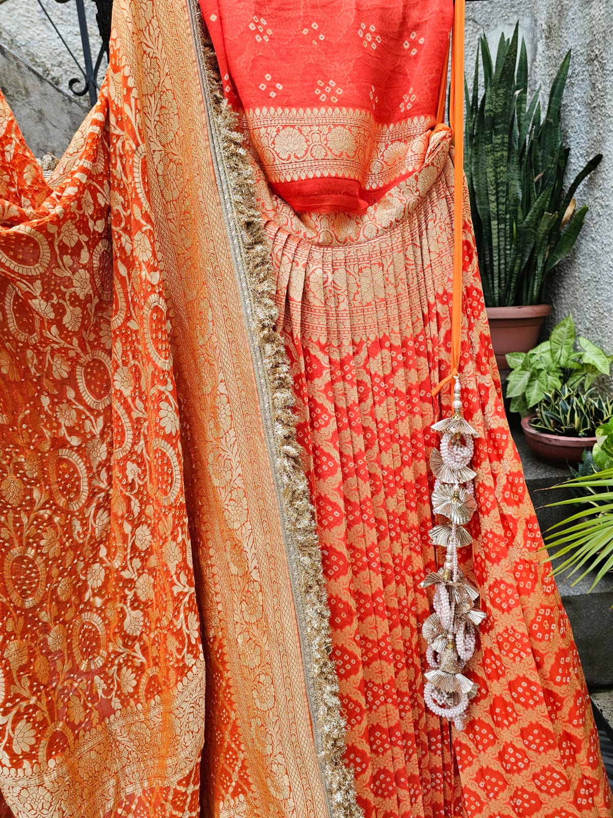 Orange Pure Banarsi Georgette Bandhani Lehenga