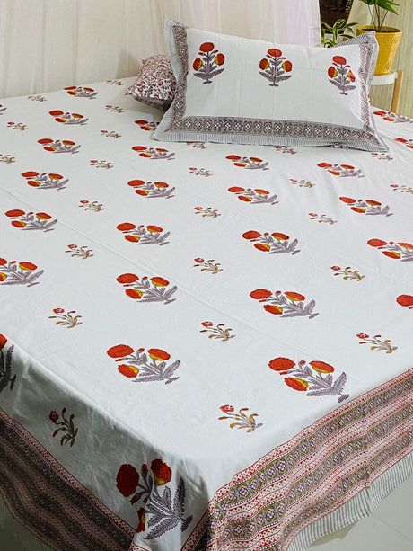orange-flower-theme-double-cotton-bedsheet-full-view