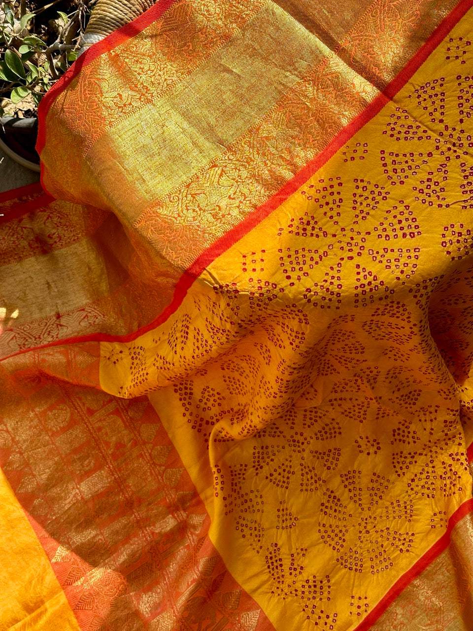 Bandhanika - Orange and Yellow Kanjivaram Silk Bandhani Dupatta