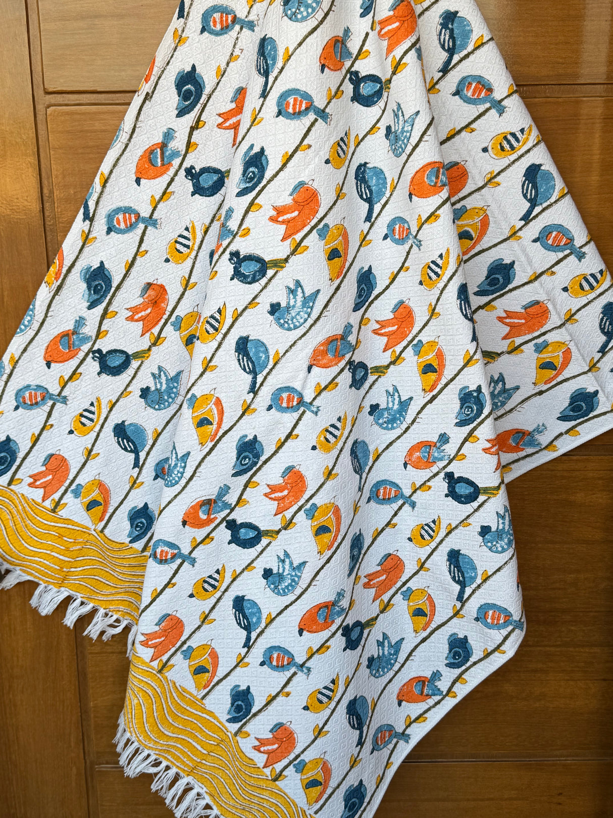 Vibrant Birds Blockprint Kids Towel – Cotton Jacquard Weave