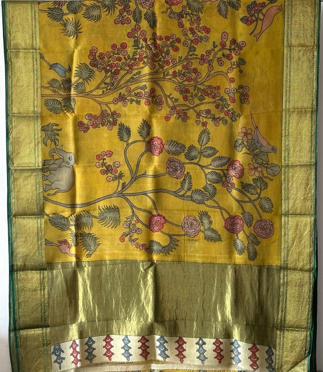 organza-jungle-theme-yellow-green-kalamkari-saree