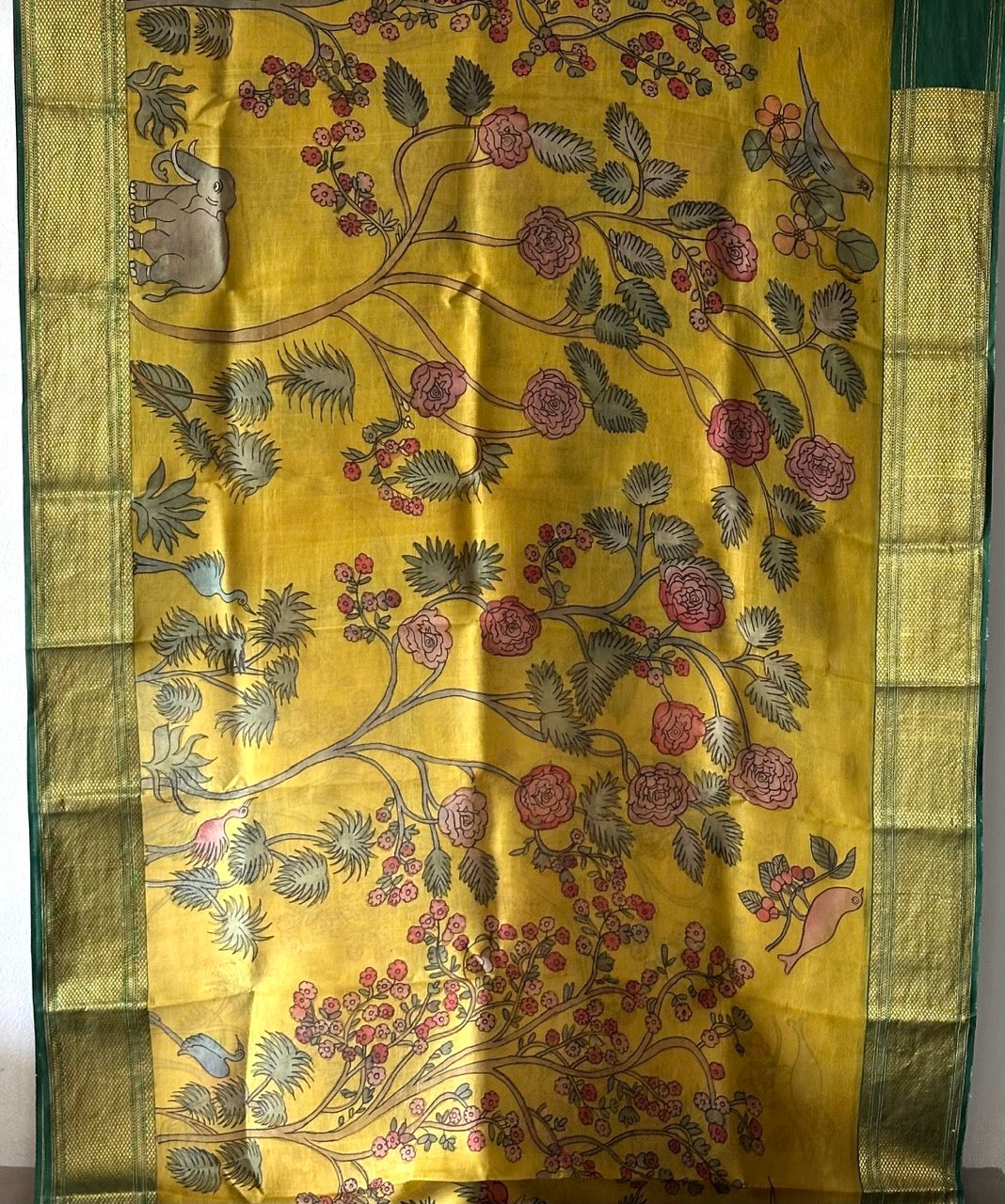 organza-jungle-theme-yellow-green-kalamkari-saree