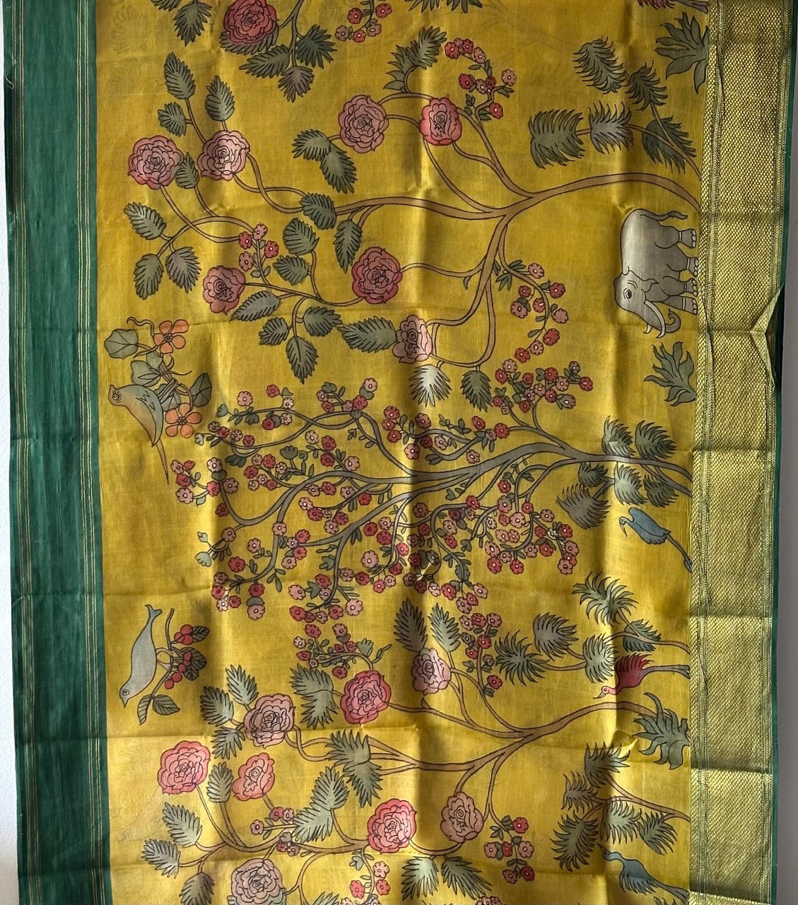 organza-jungle-theme-yellow-green-kalamkari-saree