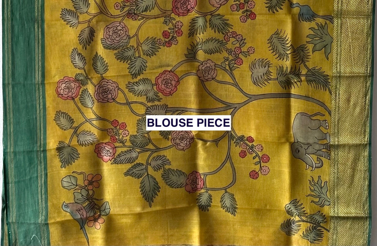 organza-jungle-theme-yellow-green-kalamkari-saree